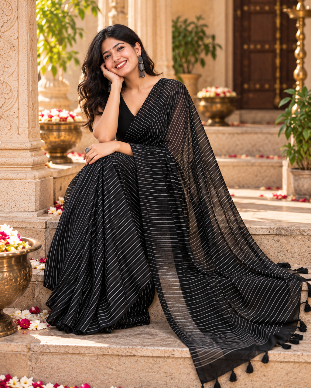 Premium Cotton Digital Print Saree With Unstitched Blouse(Black)