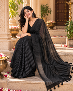 Premium Cotton Digital Print Saree With Unstitched Blouse(Black)