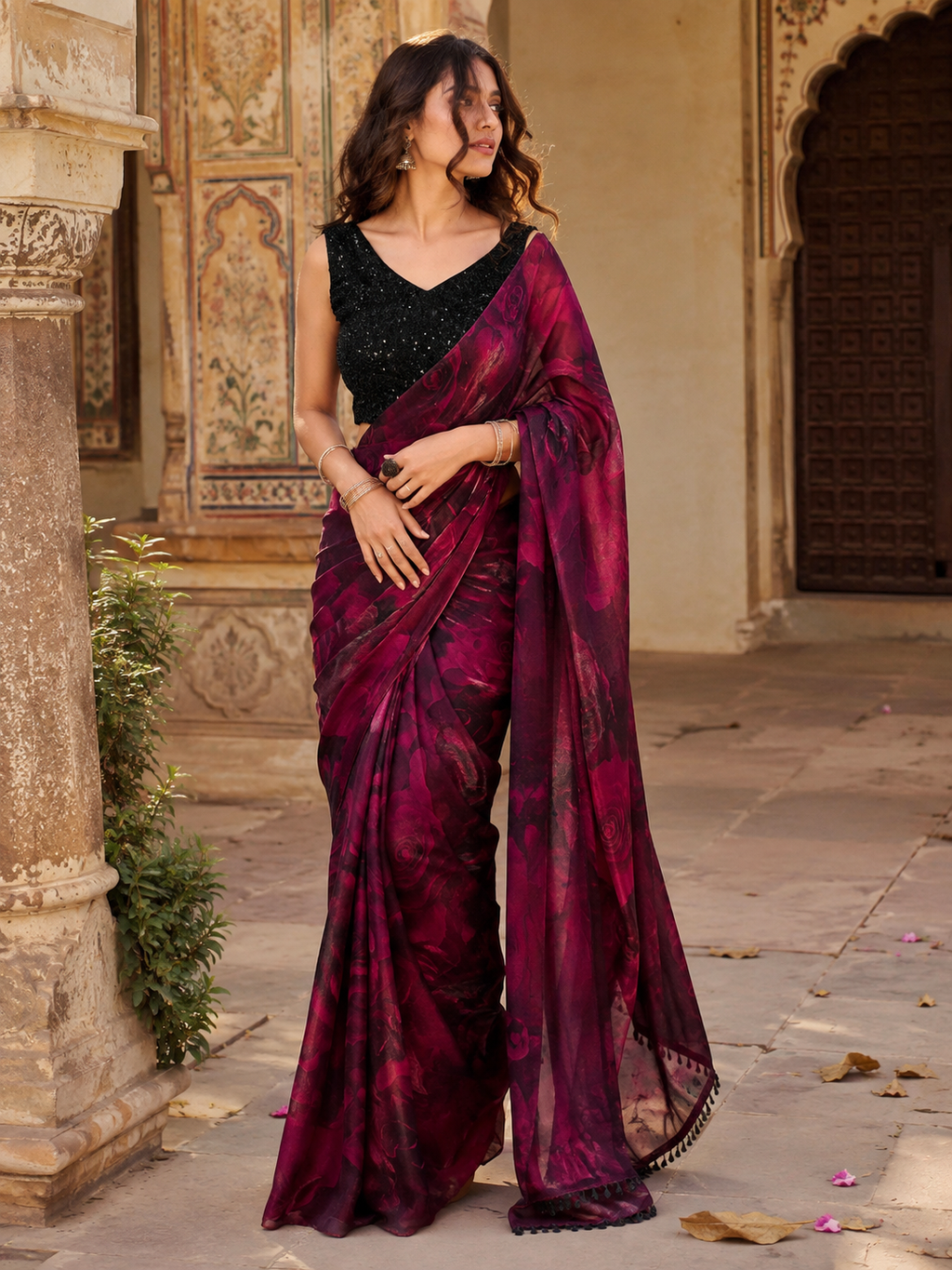 Satin Silk Party Wear Saree  With Unstitched Blouse(Red)
