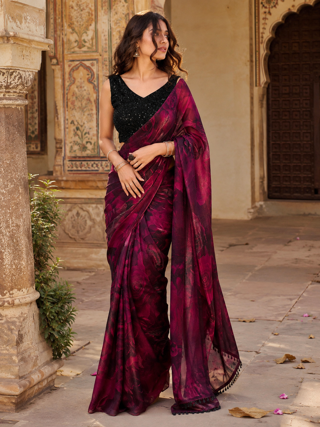 Satin Silk Party Wear Saree  With Unstitched Blouse(Red)