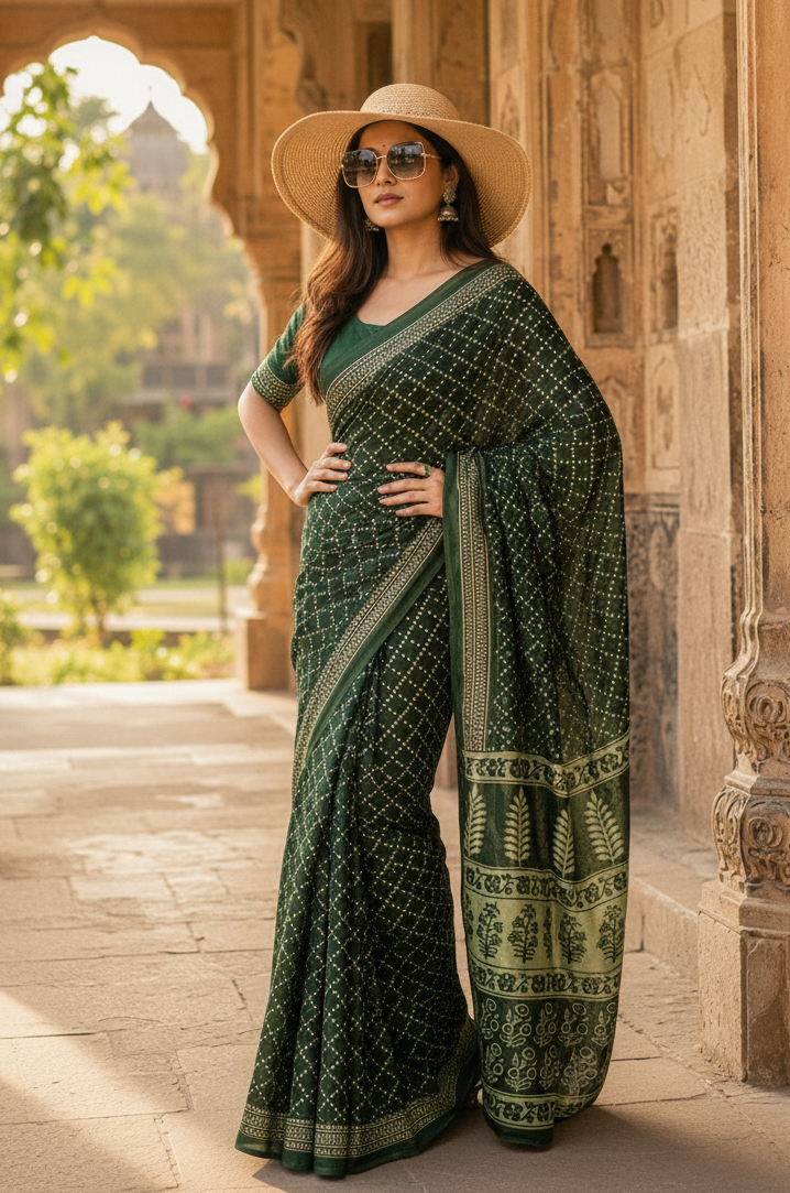 Pure Soft Mulmul Cotton Printed Saree With Unstitched Blouse(Green)