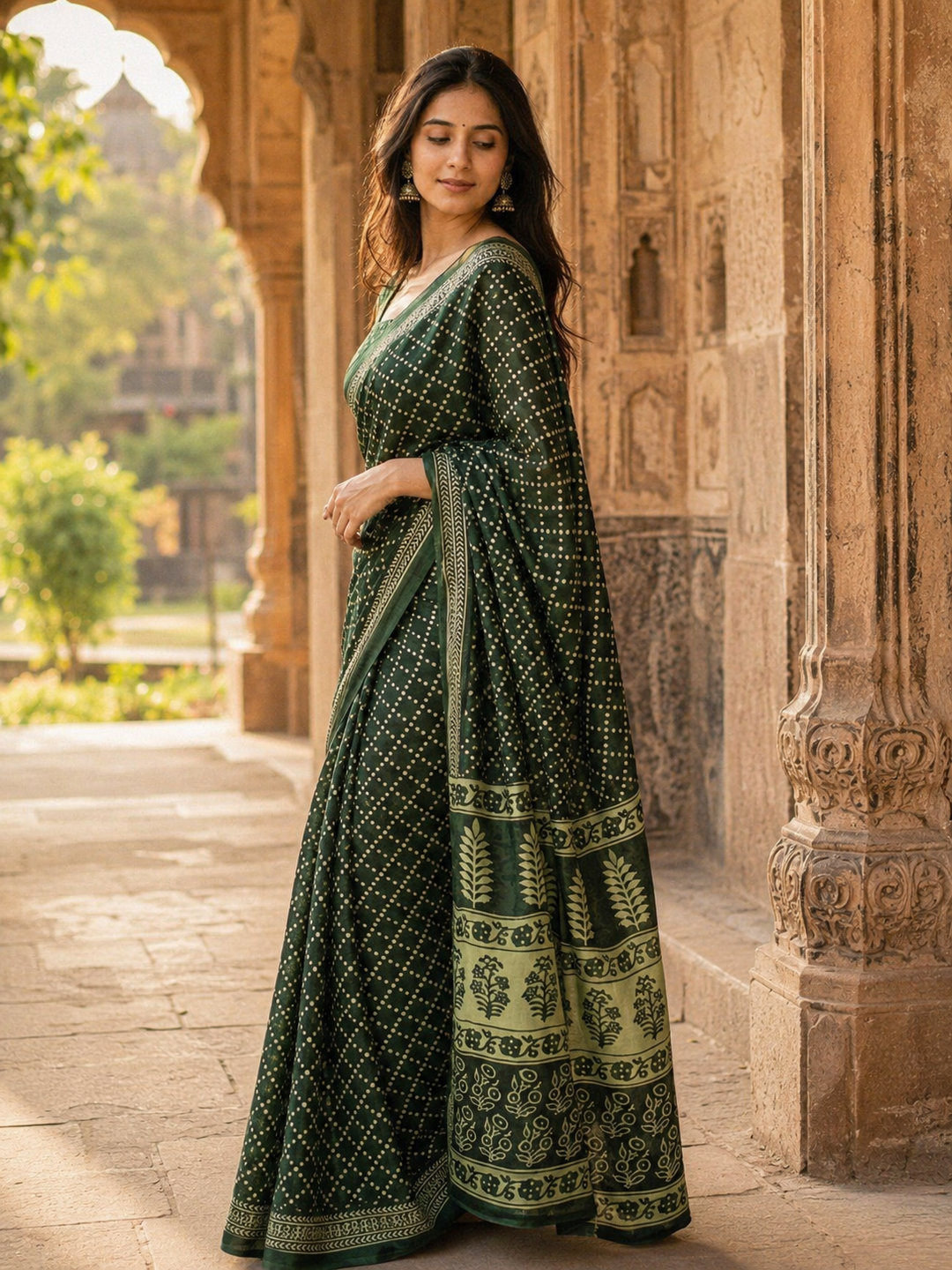 Pure Soft Mulmul Cotton Printed Saree With Unstitched Blouse(Green)