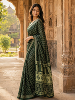 Load image into Gallery viewer, Pure Soft Mulmul Cotton Printed Saree With Unstitched Blouse(Green)
