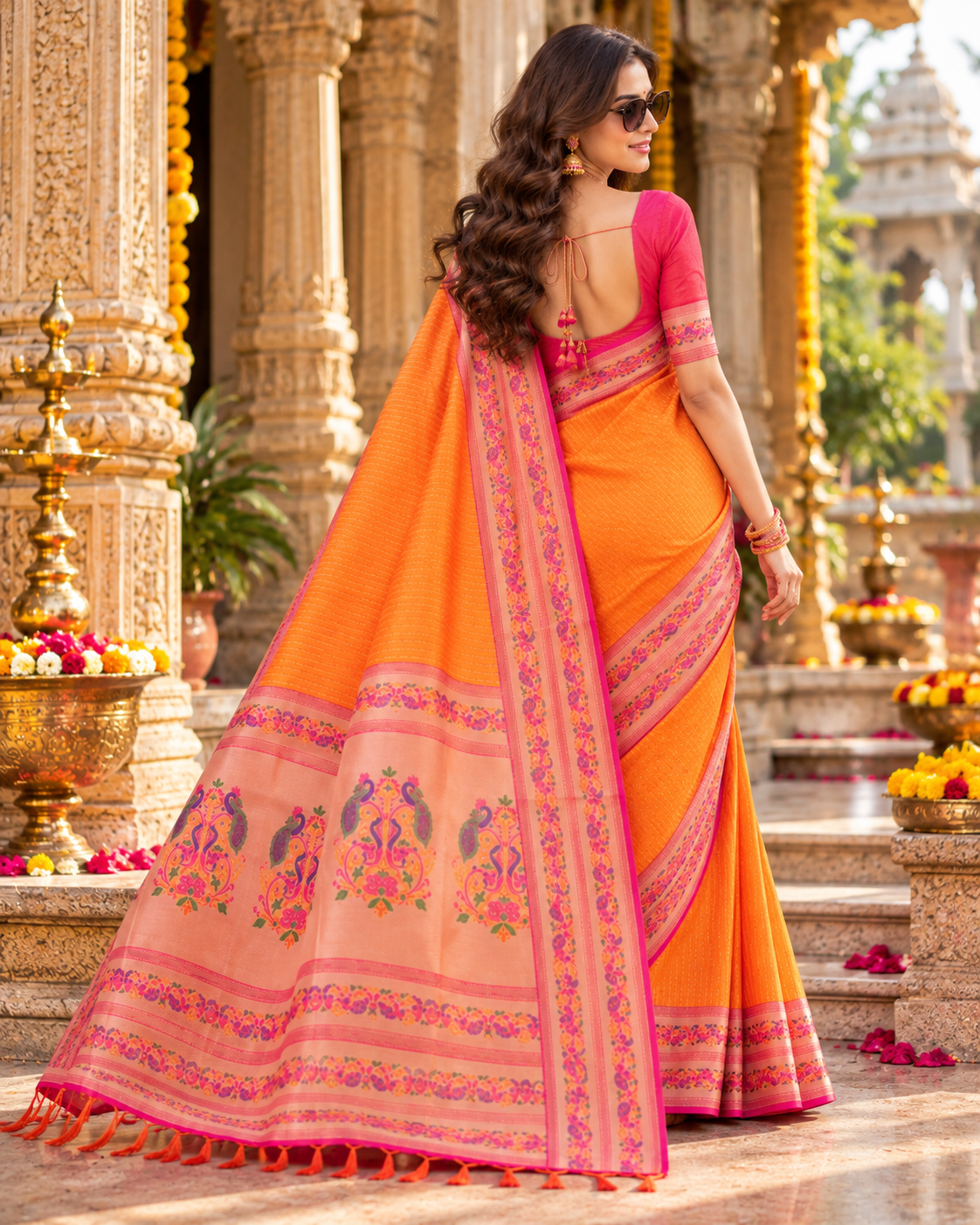 Paithani Silk Zari Work Saree With Unstitched Blouse(Orange)