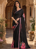 Satin Silk Printed Saree With Unstitched Blouse(Black)