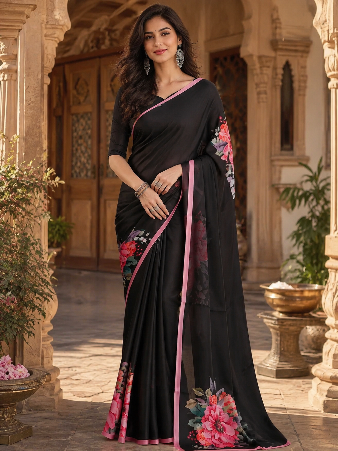 Satin Silk Printed Saree With Unstitched Blouse(Black)