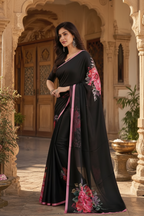 Satin Silk Printed Saree With Unstitched Blouse(Black)