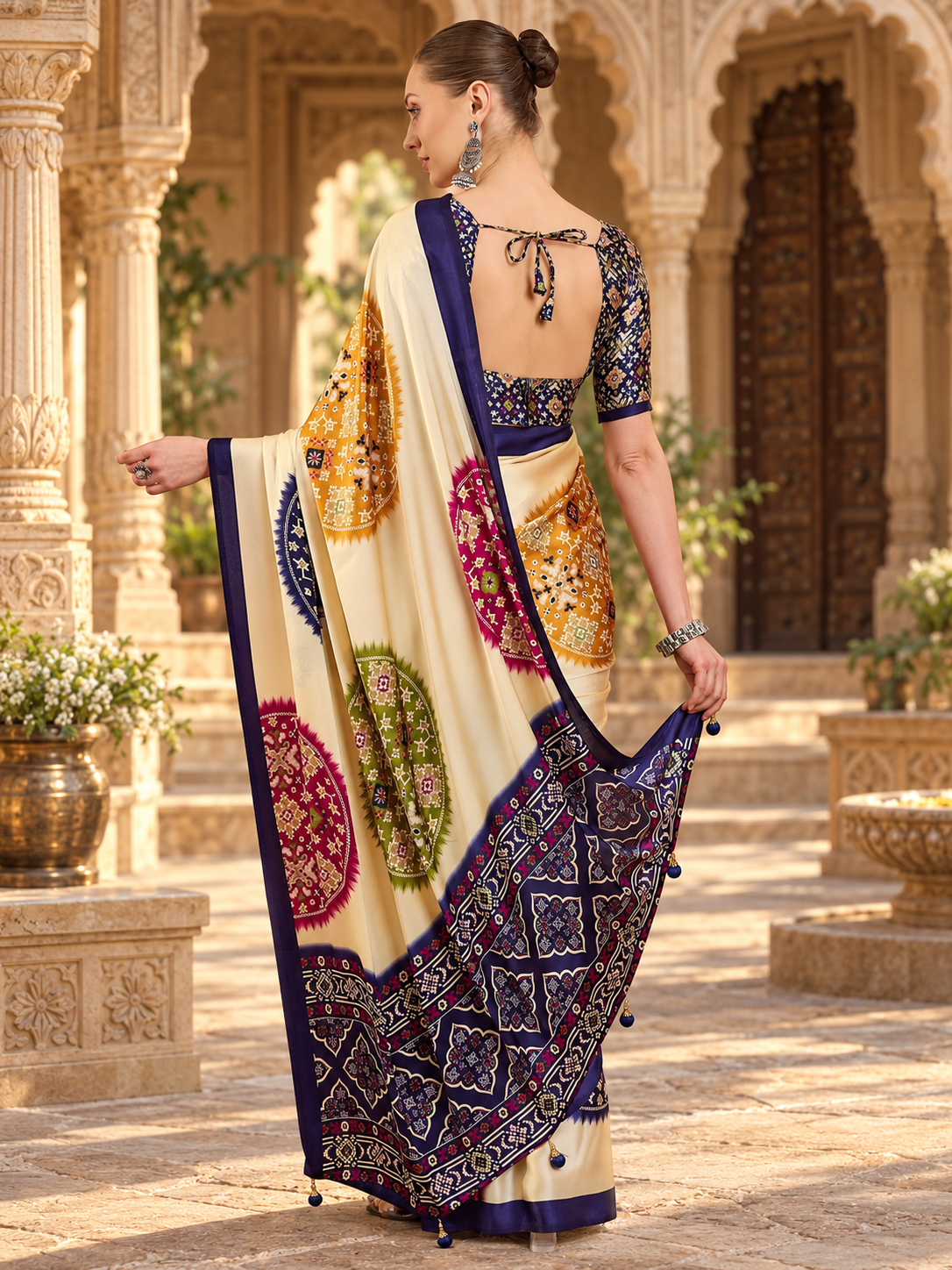 Pure Satin Silk Ajrakh Print Saree With Unstitched Blouse(White)
