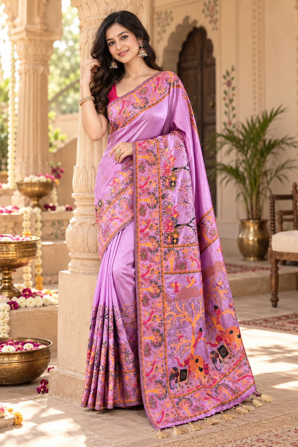 Premium Pashmina Kashmiri  Meenakari Weaves Tassels Saree ( Lavender )