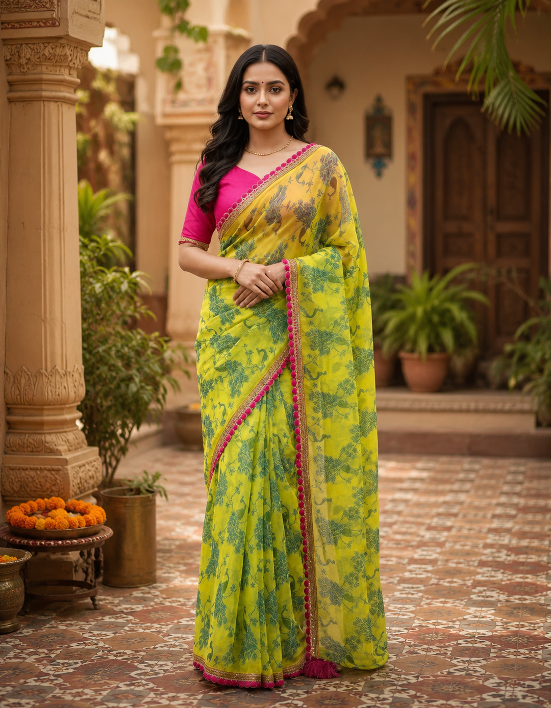 Georgette Printed Saree With Unstitched Blouse(Green)