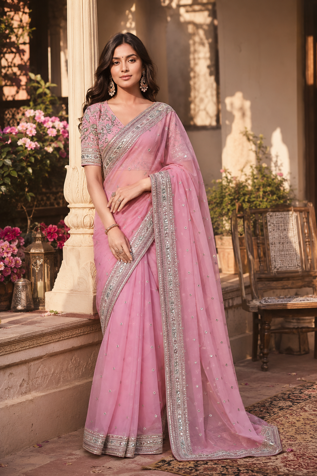 Organza Silk Embroidery Work Saree With Unstitched Blouse(Pink)