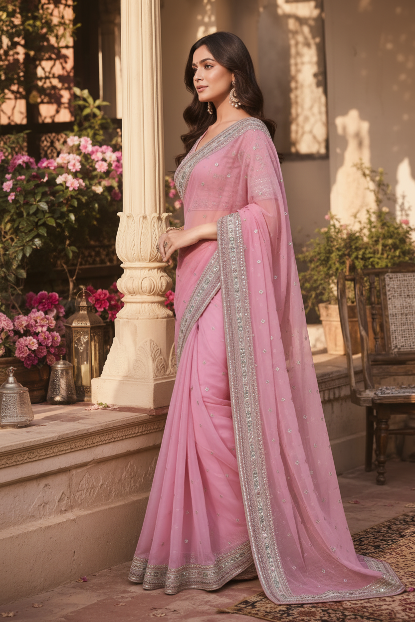 Organza Silk Embroidery Work Saree With Unstitched Blouse(Pink)