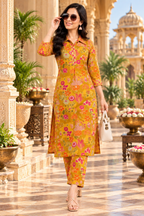 Roman Silk Kurti Pant Set(Mustard)