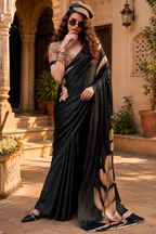 Stunning Satin Silk Floral Printed Saree With Unstitched Blouse(Black)