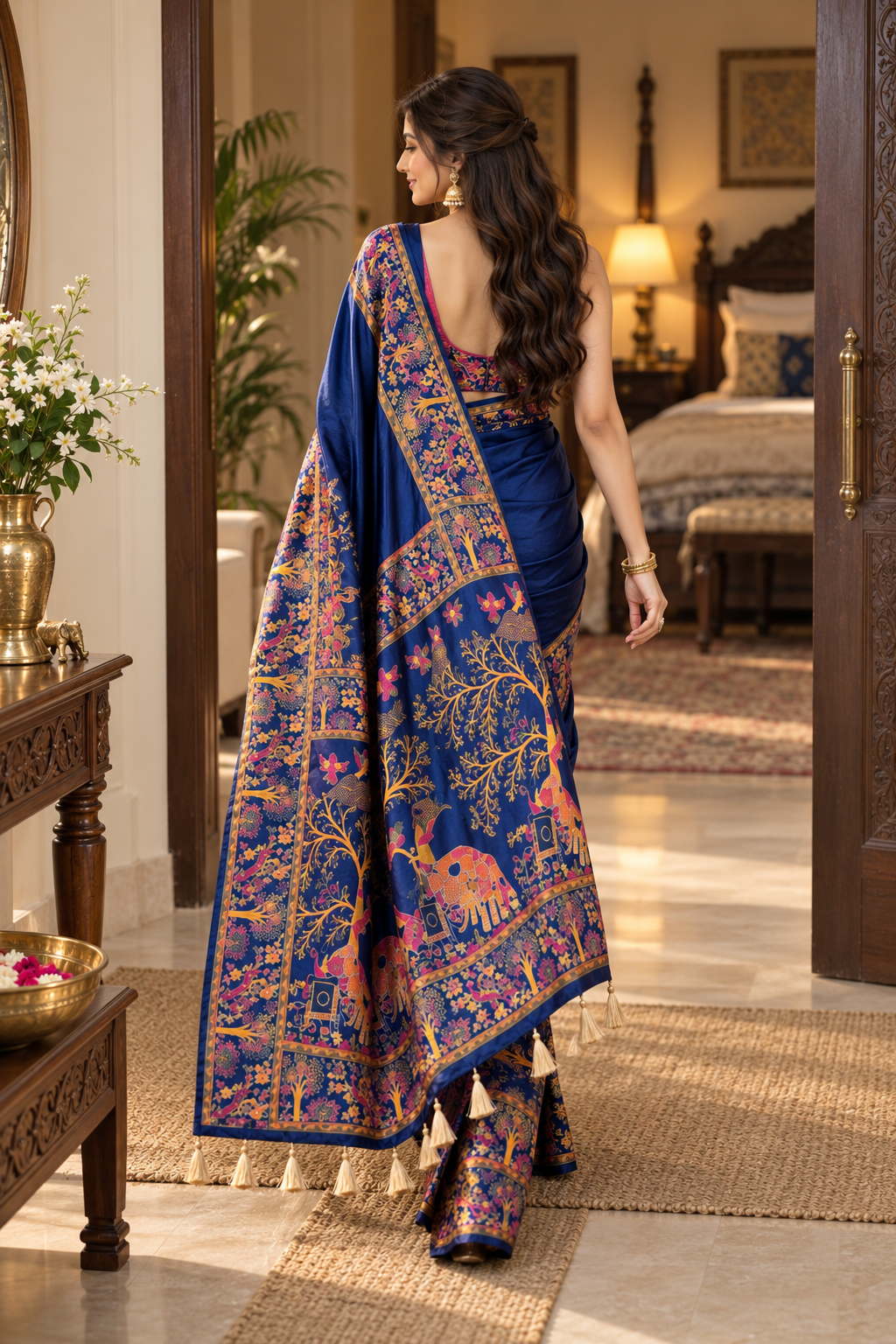 Premium Pashmina Kashmiri  Meenakari Weaves Tassels Saree (Blue )