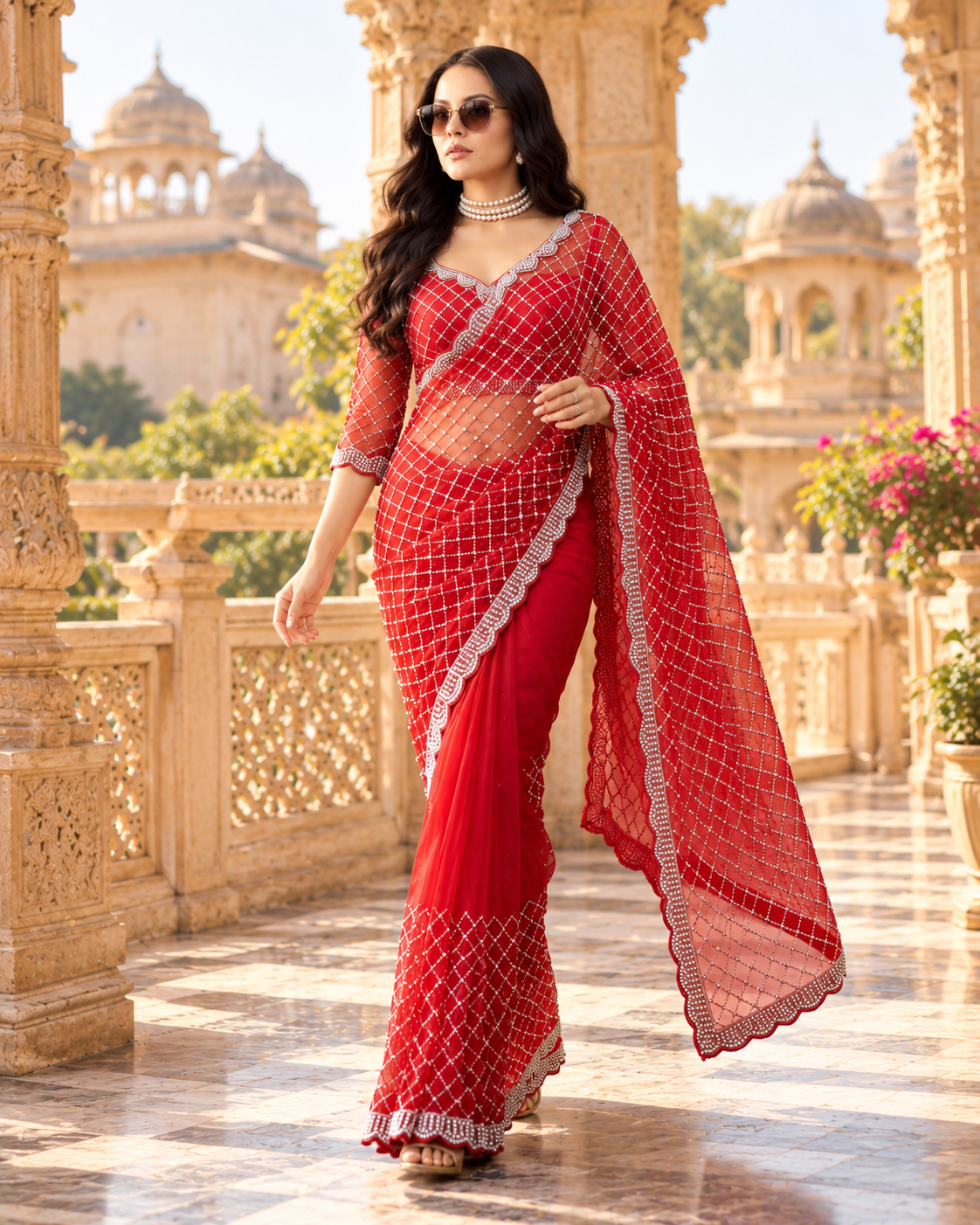 Net Silk Pearl Embroidery Work Premium Saree With Unstitched Blous(Red)