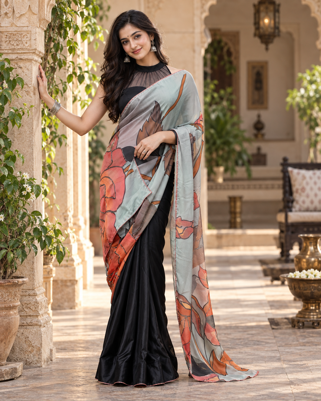 Japan Satin Digital Print  Pallu Valmoti Handwork Saree With Unstitched Blouse (Black)