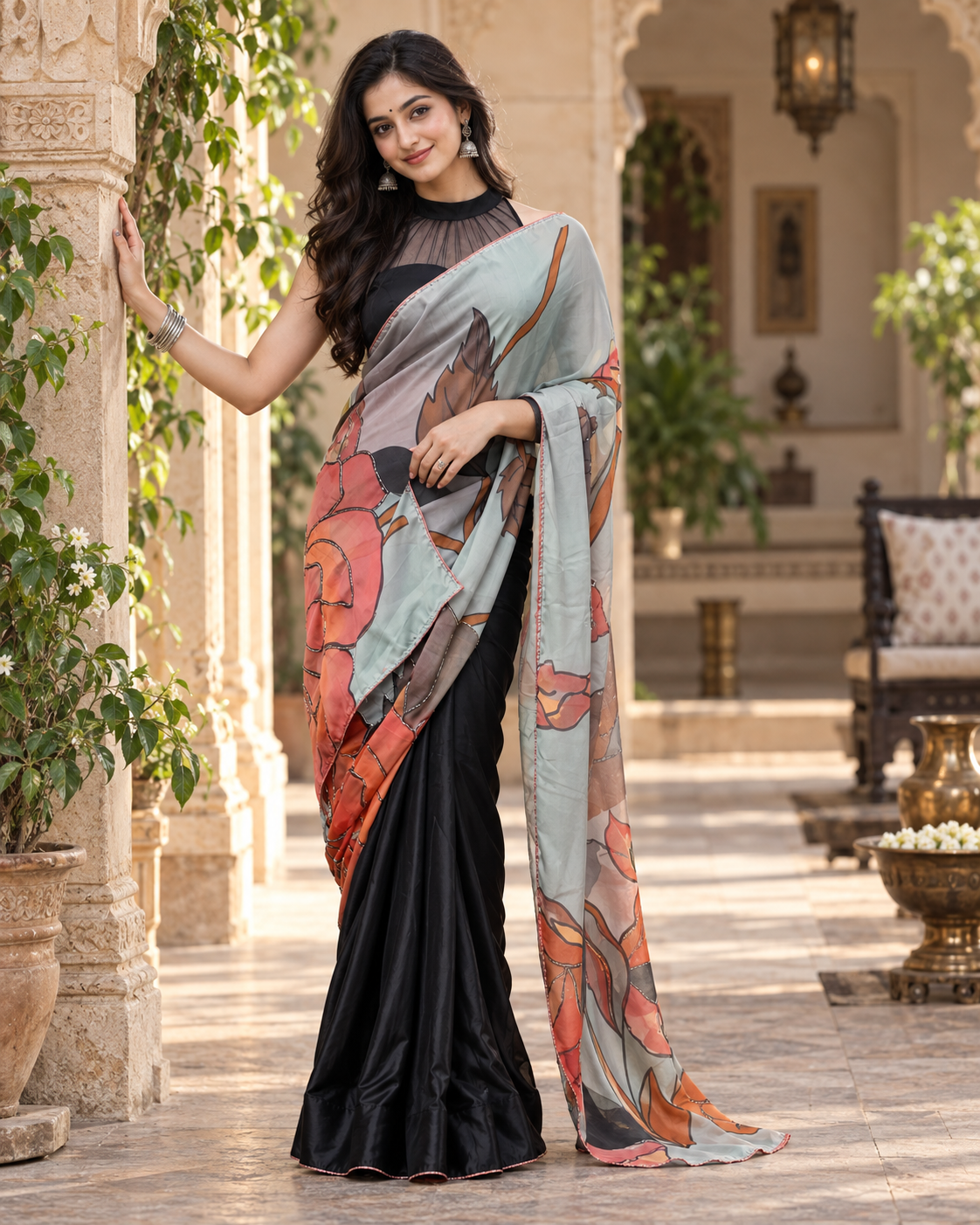 Japan Satin Digital Print  Pallu Valmoti Handwork Saree With Unstitched Blouse (Black)