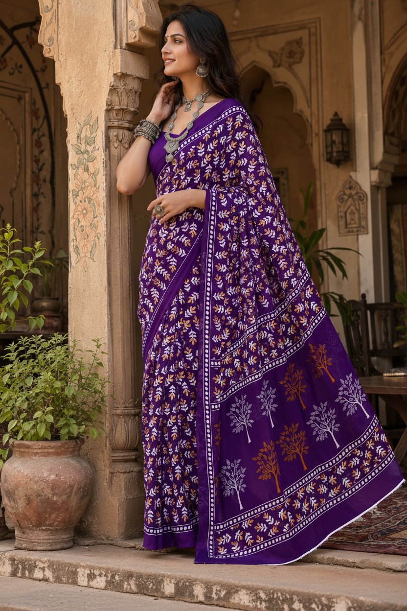 Pure Mulmul Cotton Printed Saree With Unstitched Blouse(Purple)