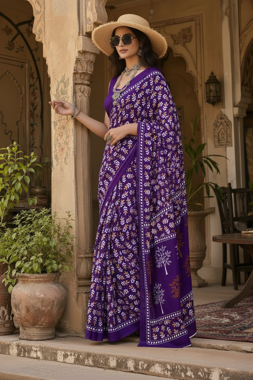 Pure Mulmul Cotton Printed Saree With Unstitched Blouse(Purple)