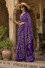Load image into Gallery viewer, Pure Mulmul Cotton Printed Saree With Unstitched Blouse(Purple)
