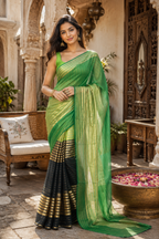 Viscose Georgette Zari Border Work Saree With Unstitched Blouse(Green)