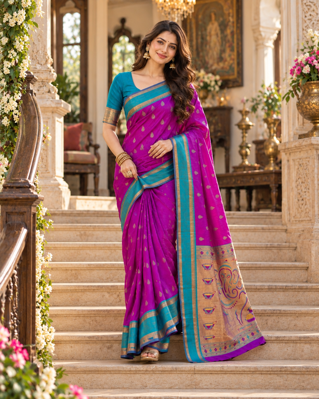 Krittika Premium Paithani Katan Silk Butti Saree With Zari Border Unstitched Blouse (Purple)