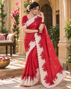 Premium Linen Digital Print Cut Work Border Saree With Ustitched Blouse (Red)