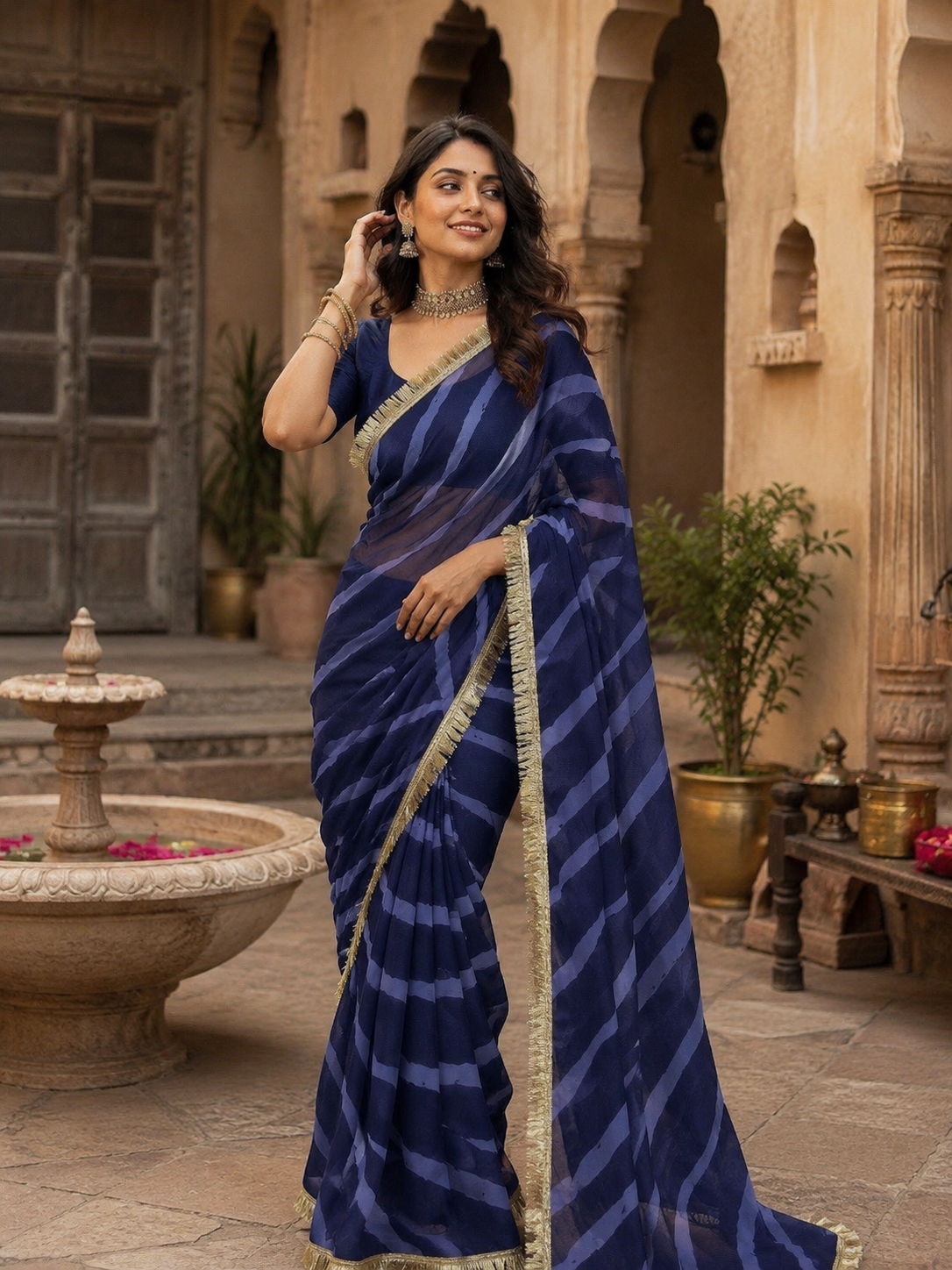 Georgette Traditional Zari Gold Lace Border Saree With Unstitched Blouse(Blue)