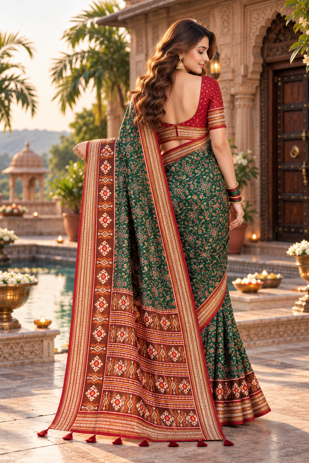 Pure Silk Patola Art Saree With Unstitched Blouse(Green)