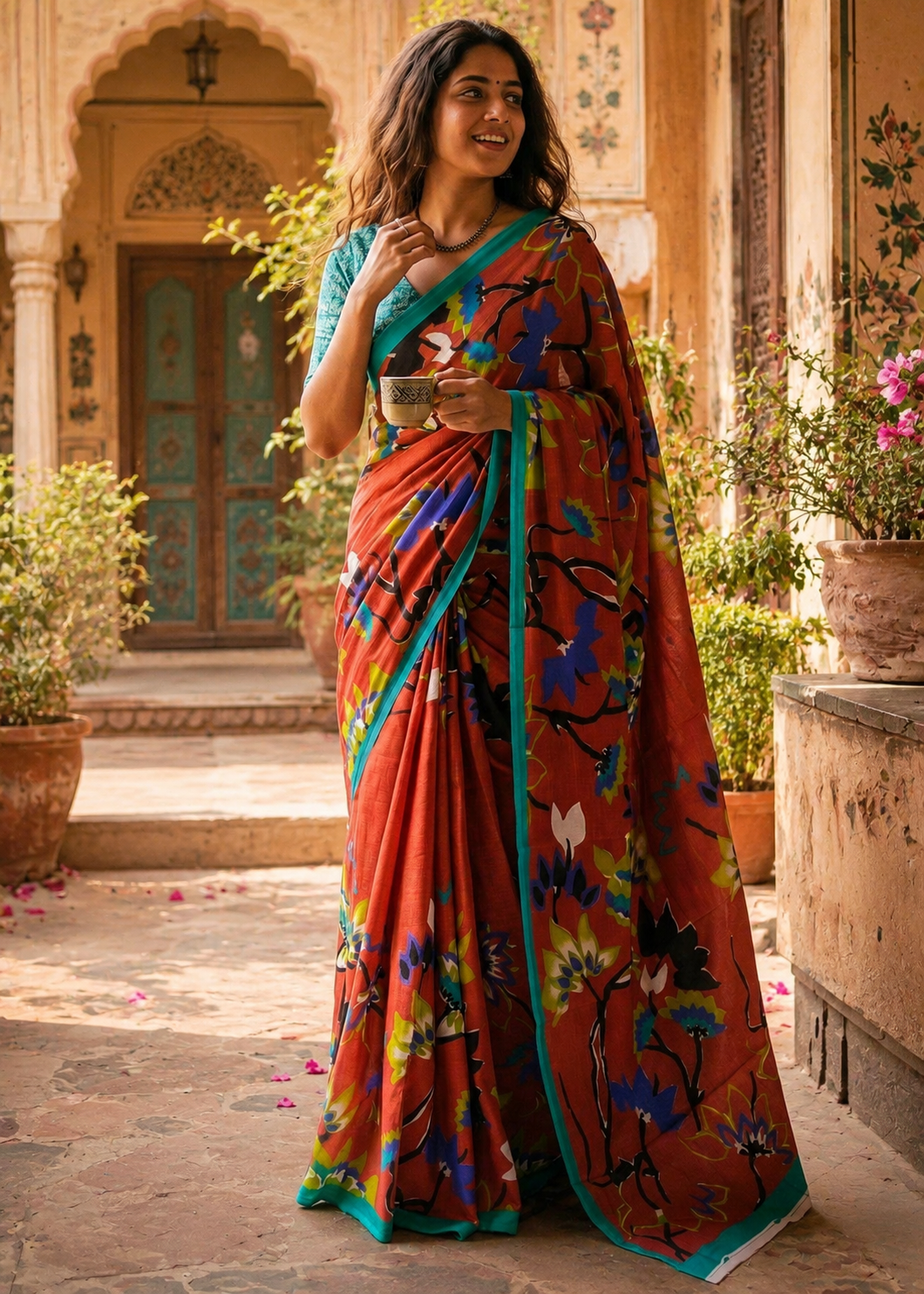 Mulmul Cotton Floral Printed Saree With Unstitched Blouse(Orange)