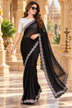 Georgette Sequin Work Saree With White Unstitched Blouse(Black)