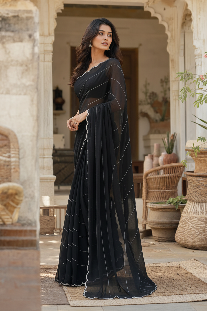Pure Georgette Handwork Saree With Unstitched Blouse(Black)