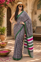Mulmul Cotton Bagru Block Print Saree With Unstitched Blouse(Black)