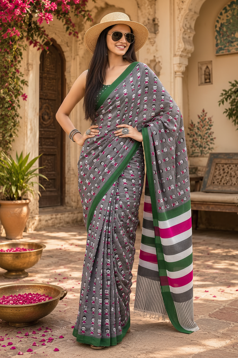 Mulmul Cotton Bagru Block Print Saree With Unstitched Blouse(Black)