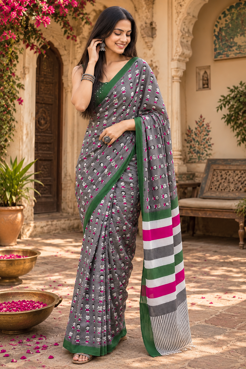 Mulmul Cotton Bagru Block Print Saree With Unstitched Blouse(Black)