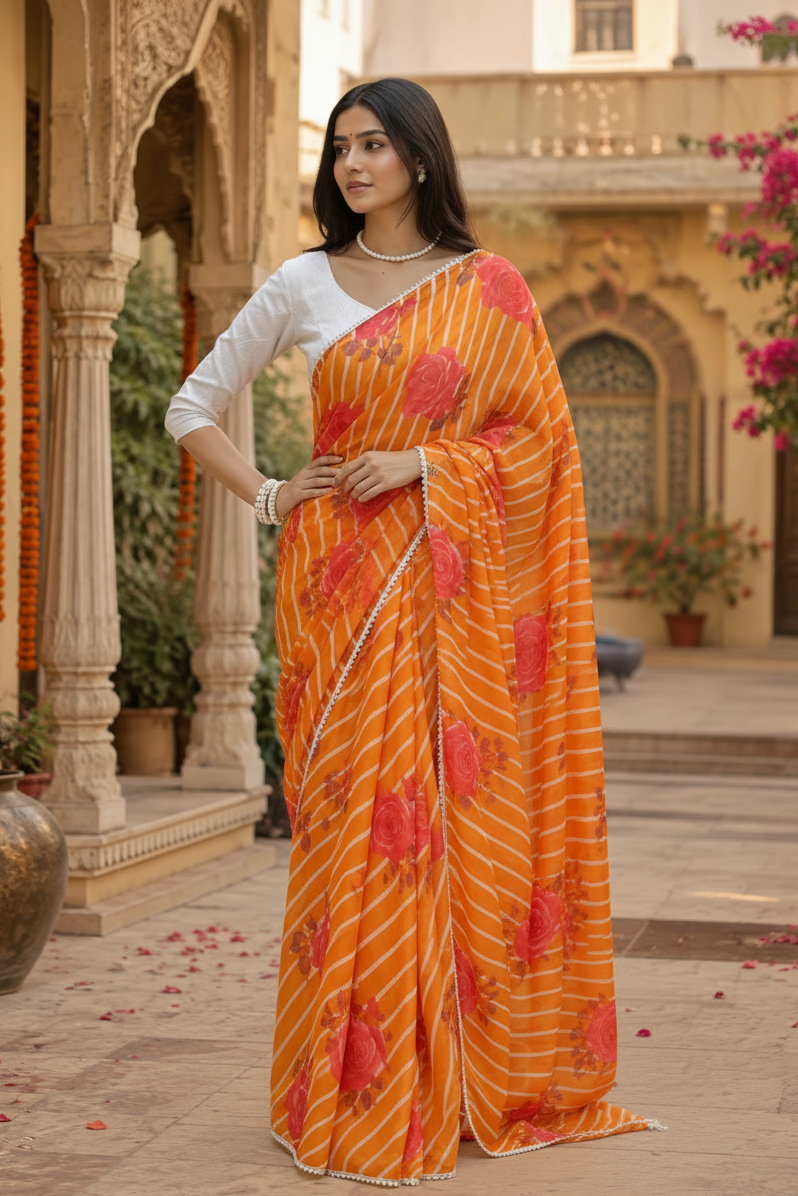 Organza Lehriya Printed Moti Lace Work Saree With Unstitched Blouse(Orange)