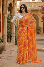 Organza Lehriya Printed Moti Lace Work Saree With Unstitched Blouse(Orange)