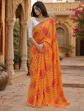 Organza Lehriya Printed Moti Lace Work Saree With Unstitched Blouse(Orange)