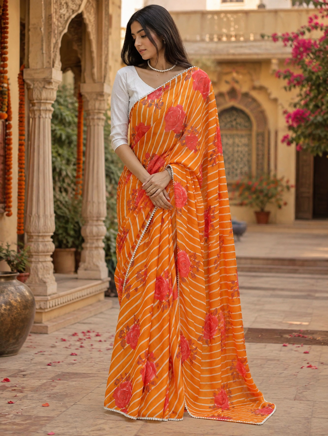 Organza Lehriya Printed Moti Lace Work Saree With Unstitched Blouse(Orange)