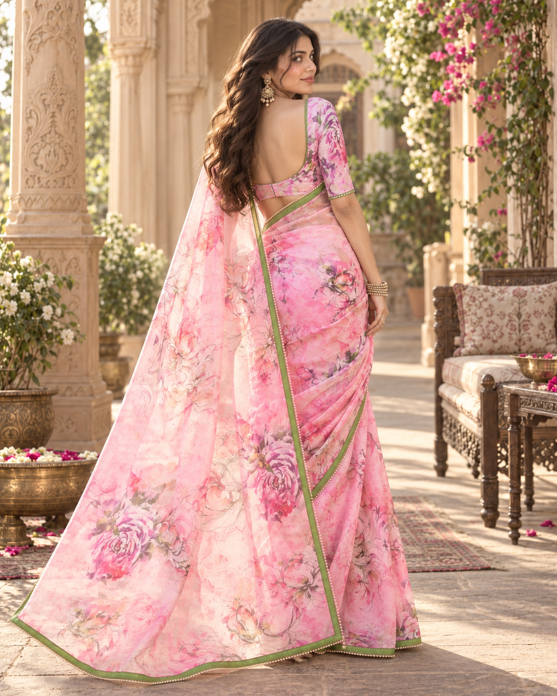 Georgette Digital Printed Saree With Unstitched Blouse(Pink)