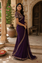 Sequins Embroidery Georgette Saree With Unstitched Blouse(Wine)