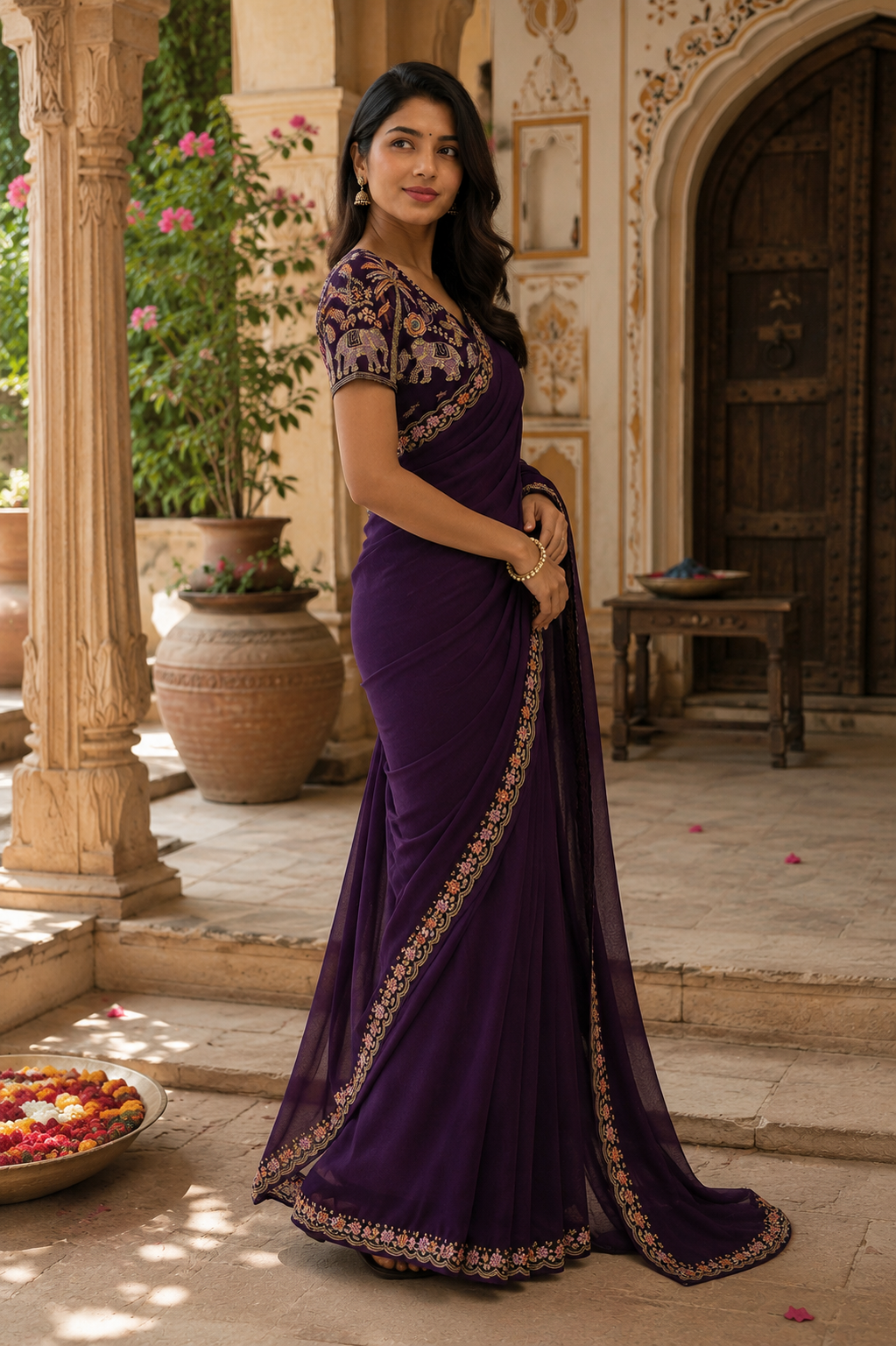 Sequins Embroidery Georgette Saree With Unstitched Blouse(Wine)