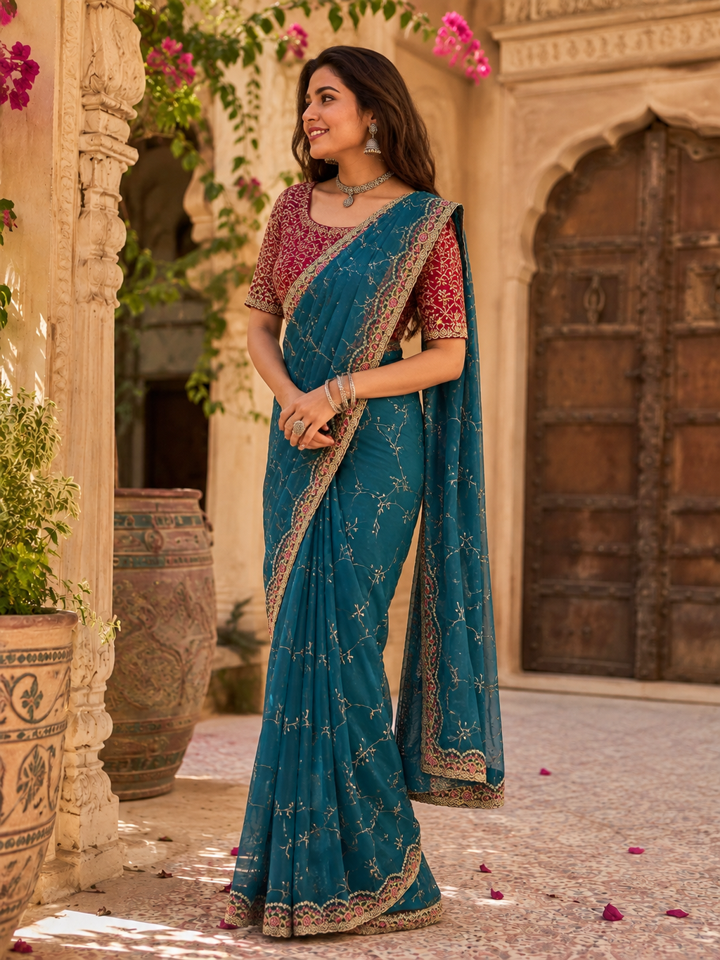 Premium Georgette Embroidery Thread Work Saree With Unstitched Blouse(Blue)