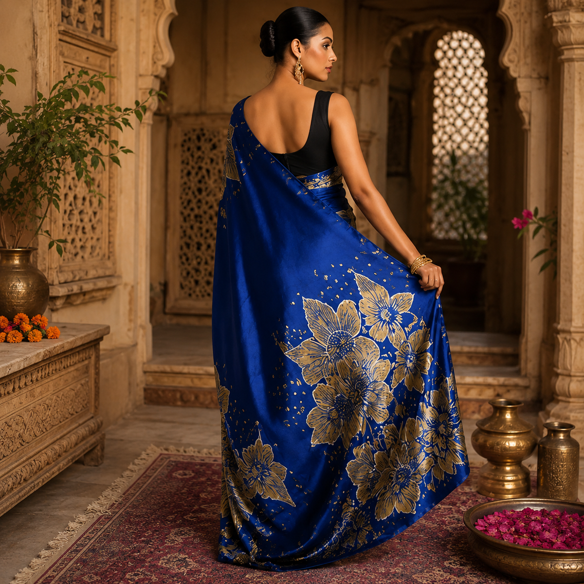Japan Satin Printed Saree With Unstitched Blouse(Blue)