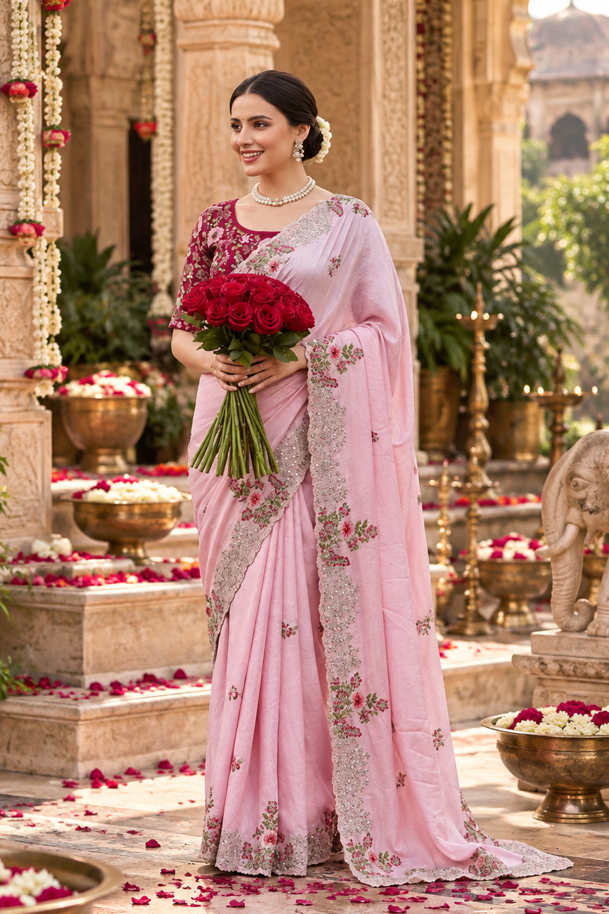 Dola Silk Embroidery Work Saree With Unstitched Blouse(Pink)