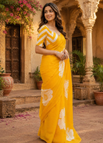 Load image into Gallery viewer, Cotton Block Flower Print Saree With Unstitched Blouse(Yellow)
