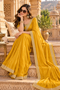 Pure Space Silk Diamond Zarkhan Work Saree With Unstitched Blouse(Yellow)