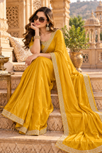 Pure Space Silk Diamond Zarkhan Work Saree With Unstitched Blouse(Yellow)