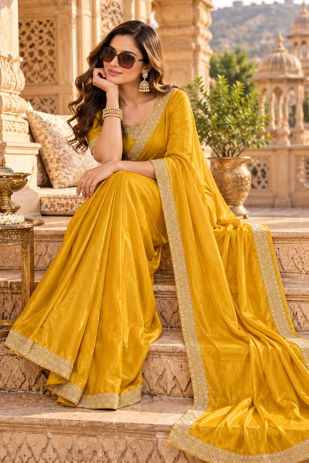 Pure Space Silk Diamond Zarkhan Work Saree With Unstitched Blouse(Yellow)